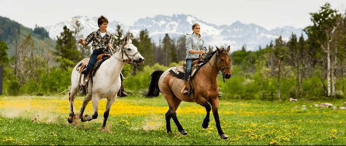 Confident plus-size woman riding Barry a horse through a field with a smile on her face.